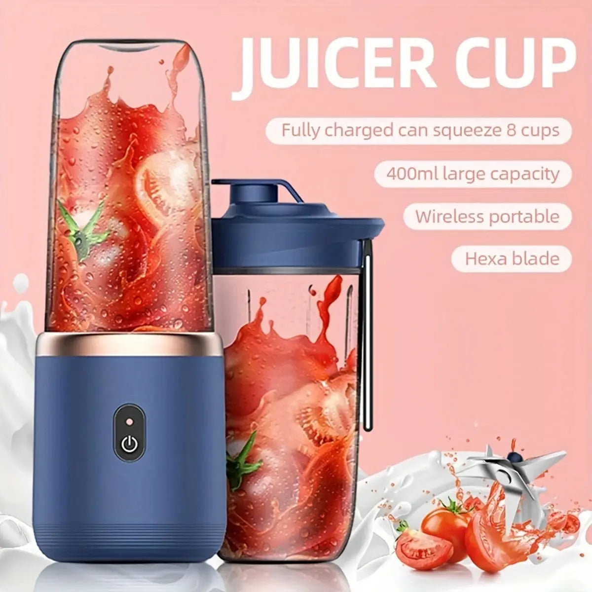 Frullatore Portatile Elettrico con Bottiglia, 6 Lame Multifunzionali, Frullatore per Succo Fresco, Frullatore per Smoothie, Tritacubo per Ghiaccio, Processore Alimentare