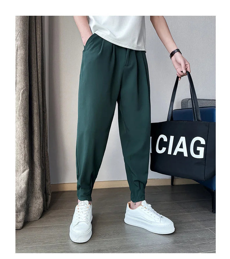 Pantaloni casual primavera/estate a tinta unita per uomo, pantaloni in seta ghiacciata, stile coreano, pantaloni eleganti con cerniera sulla caviglia, pantaloni per uomo.