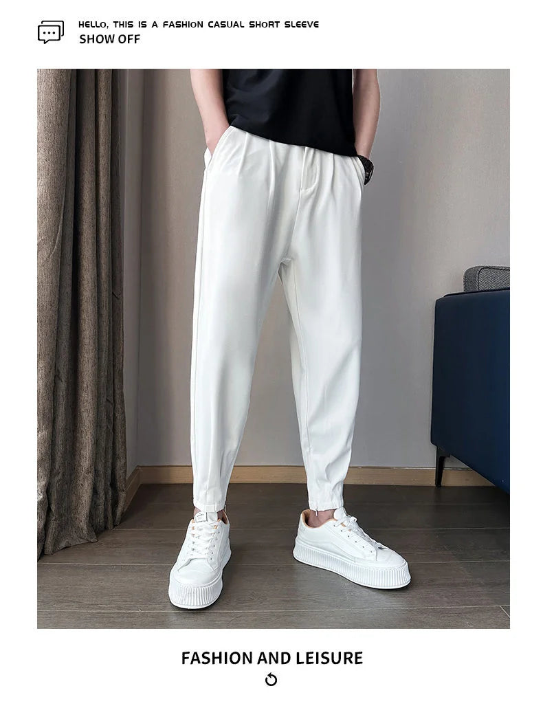 Pantaloni casual primavera/estate a tinta unita per uomo, pantaloni in seta ghiacciata, stile coreano, pantaloni eleganti con cerniera sulla caviglia, pantaloni per uomo.