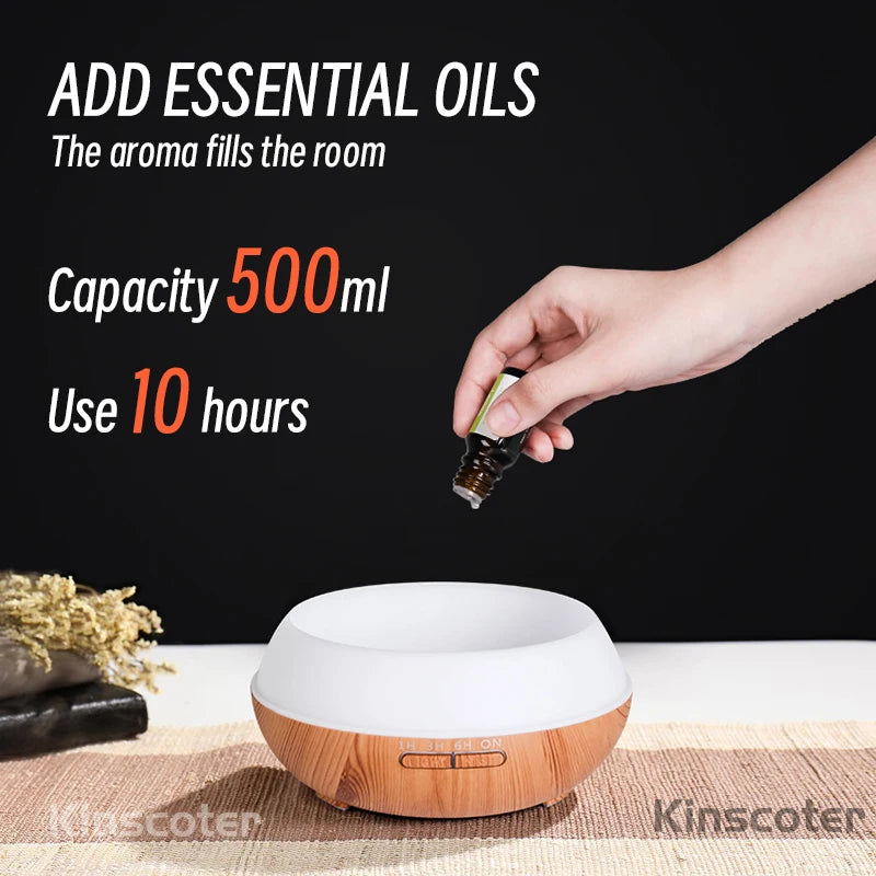 Diffusore di oli essenziali per aromaterapia da 500 ml di alta qualità, con effetto legno, controllo remoto, umidificatore ad ultrasuoni con luce a 7 colori.