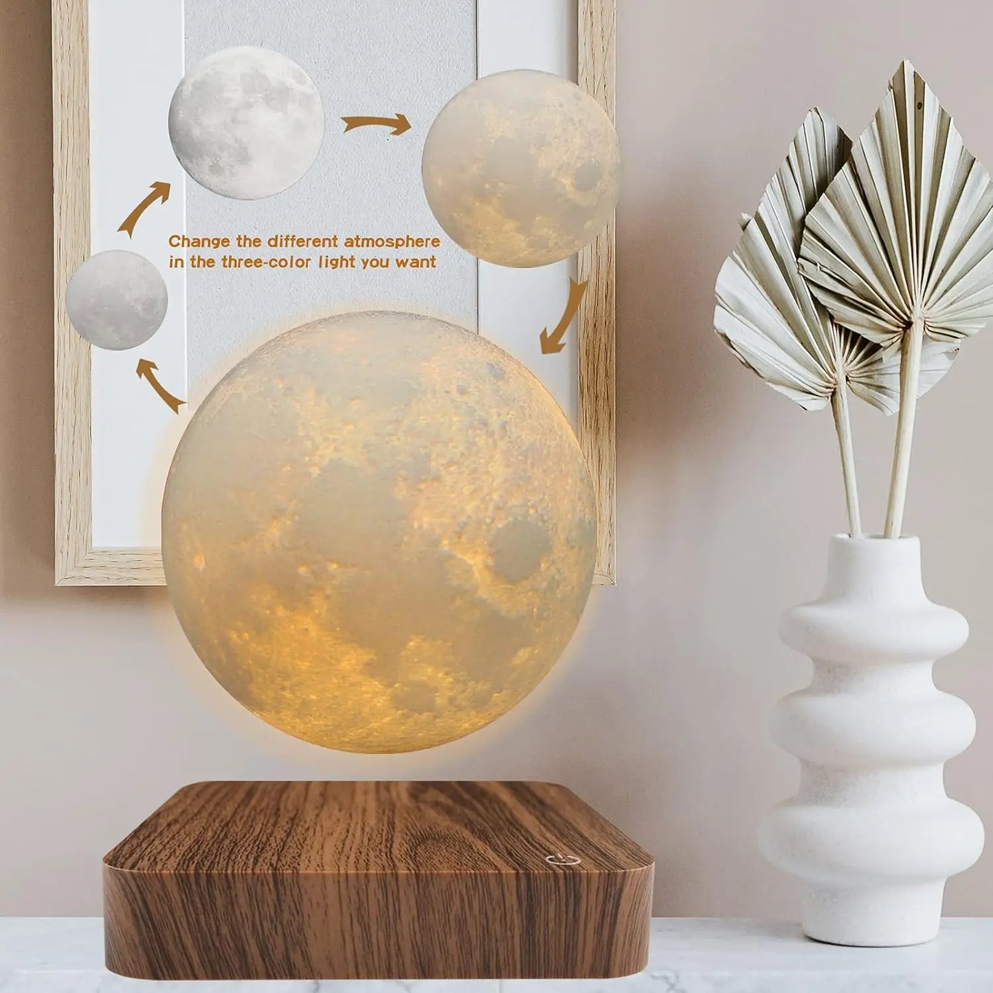 Luce notturna magnetica che levita con luna flottante, 3 temperature di colore, lampada 3D creativa con base in legno per regalo ufficio.