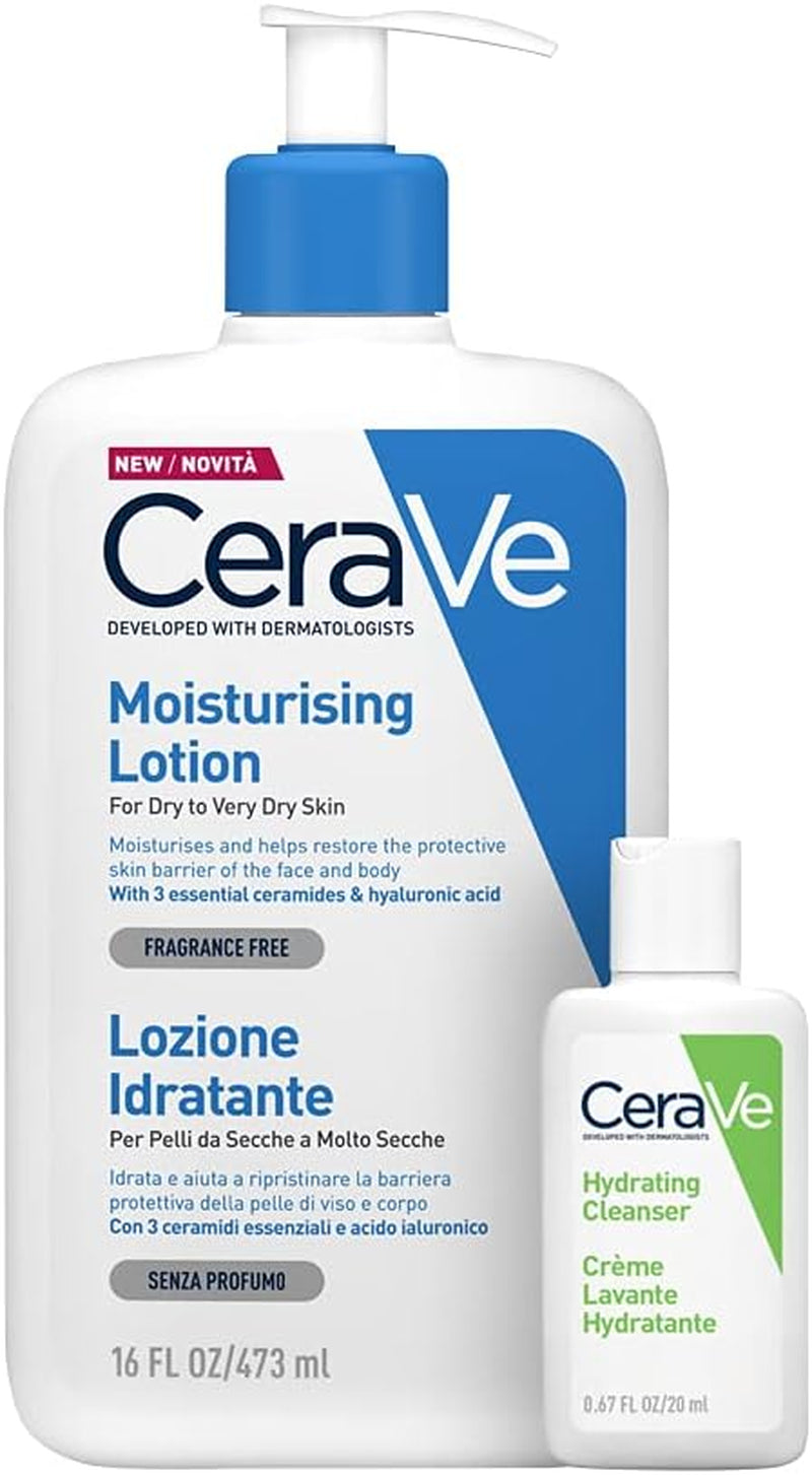 Cerave Kit Corpo E Viaggio, Lozione Idratante Viso E Corpo, per Pelle Secca, Con Acido Ialuronico 473 Ml + Detergente Idratante Viso Da Viaggio, per Pelli Da Normali a Secche, 20 Ml